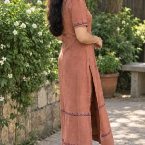 Premium Terracotta Cotton Kurta Set with Scalloped Border Work