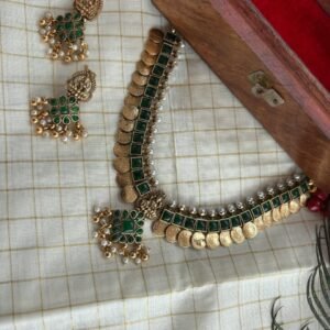 Traditional Matte Gold Mandhara Lakshmi Coin Necklace Set