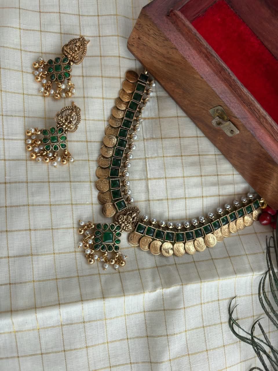 Traditional Matte Gold Mandhara Lakshmi Coin Necklace Set