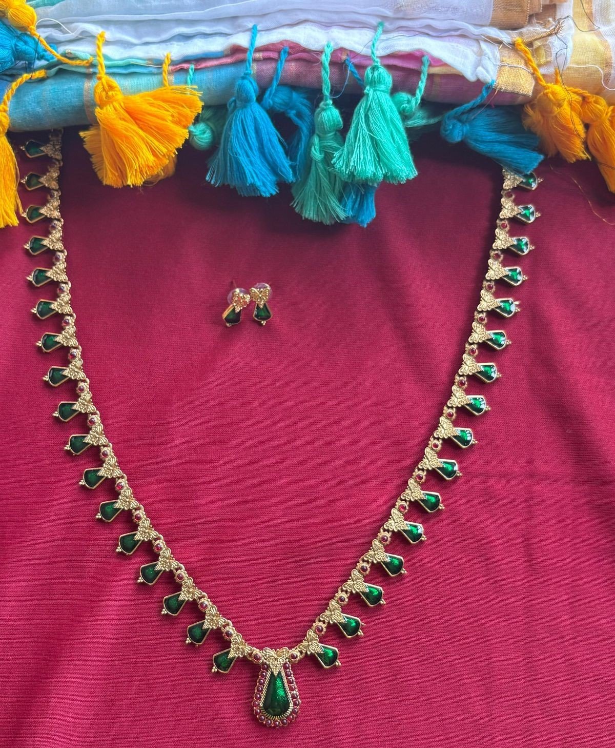 Traditional Matte Gold Green Nagapadam Haram Set with Earrings