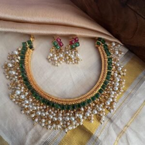 Premium Matte Gold Reversible Stone Necklace Set with Earrings