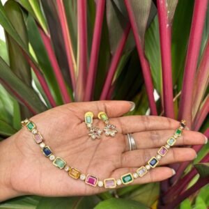 Elegant Matte Gold Multi-Color Stone Choker Necklace Set